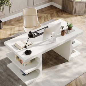 63-Inch White Executive Office Desk with Storage Shelves