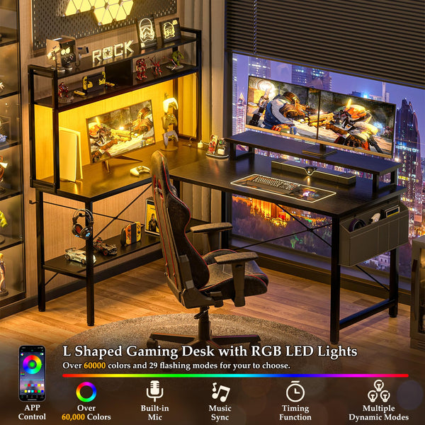 L-Shaped Gaming & Home Office Desk with Power Outlets, LED Lights & Monitor Stand