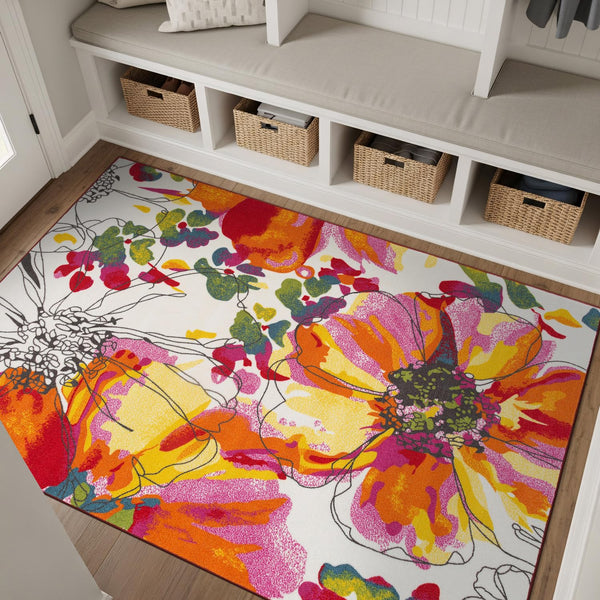 Nylon Area Rug 5'3" x 7'3" Rectangular – Floral Loop Pile, Non-Slip Backing