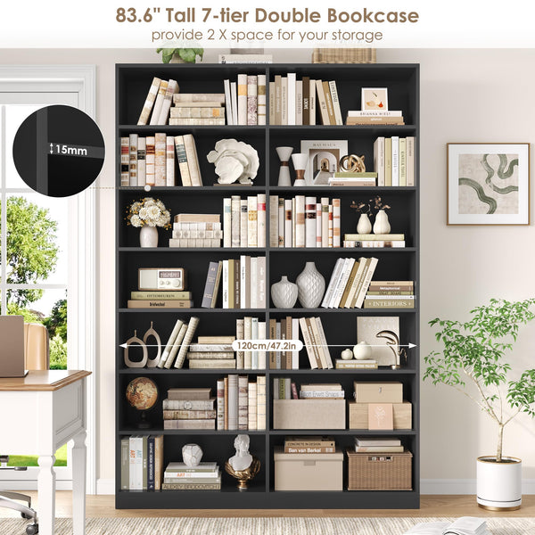 7-Tier Dual-Row Bookshelf with 14 Open Shelves
