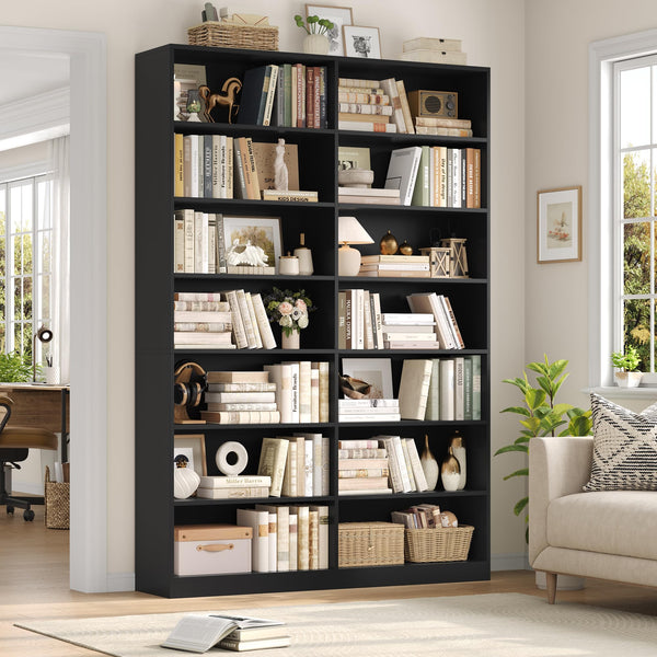 7-Tier Dual-Row Bookshelf with 14 Open Shelves