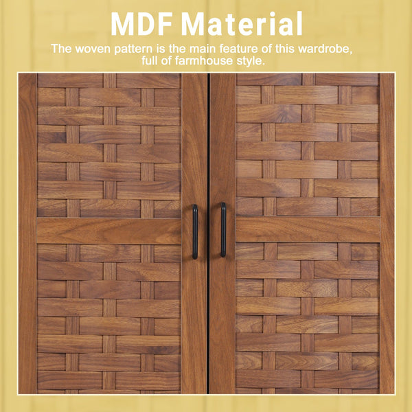 Armoire Wardrobe Closet with Woven Doors, Drawers & Hanging Rail