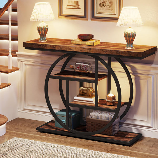 4-Tier Industrial Console Table with Circle Base