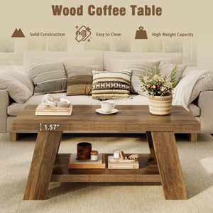 2-Tier Farmhouse Coffee Table with Storage – 47" Rustic Wood, Retro Brown