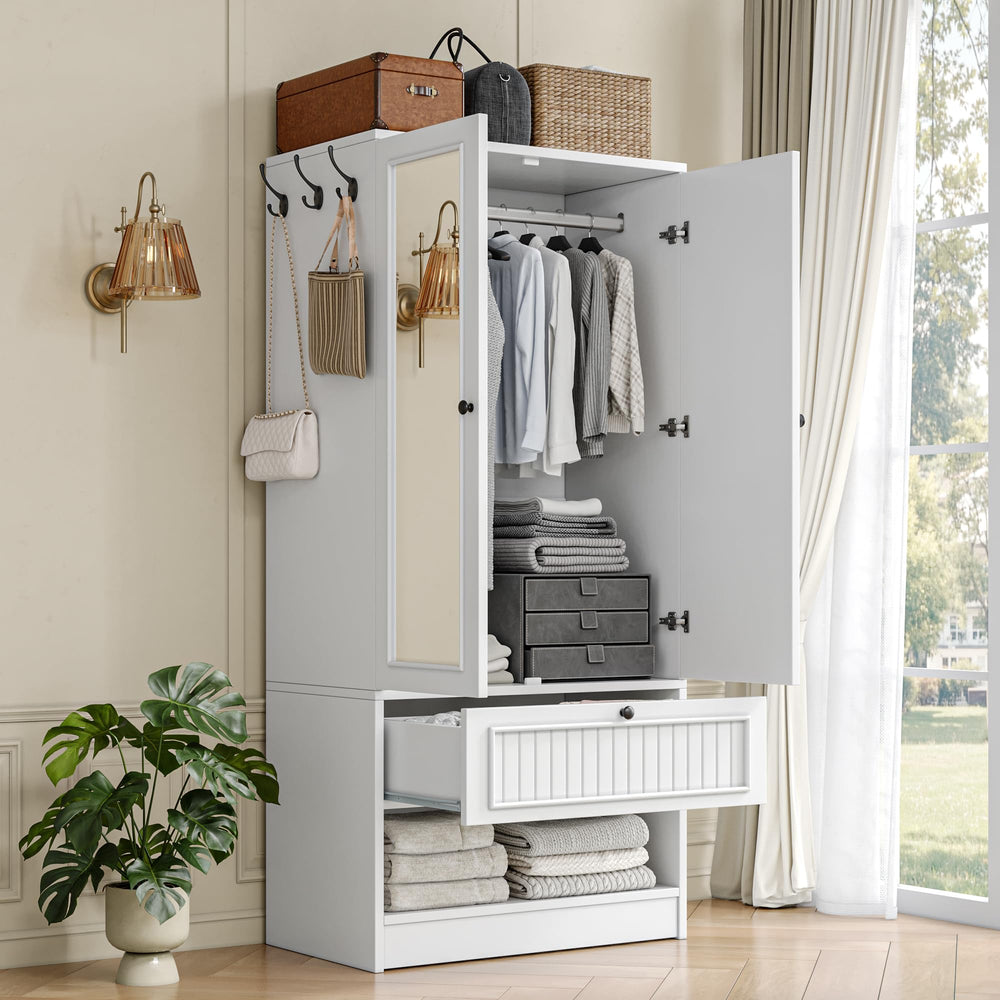 Wood Armoire Wardrobe with Mirror & Drawer