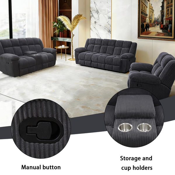 3-Piece Recliner Sofa Set with Storage & Cup Holders