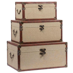 Vintage Nesting Storage Trunk Set of 3 – Linen & Wood with Metal Handles