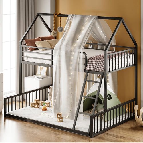 Twin Over Full House Bunk Bed with Ladder & Guardrail