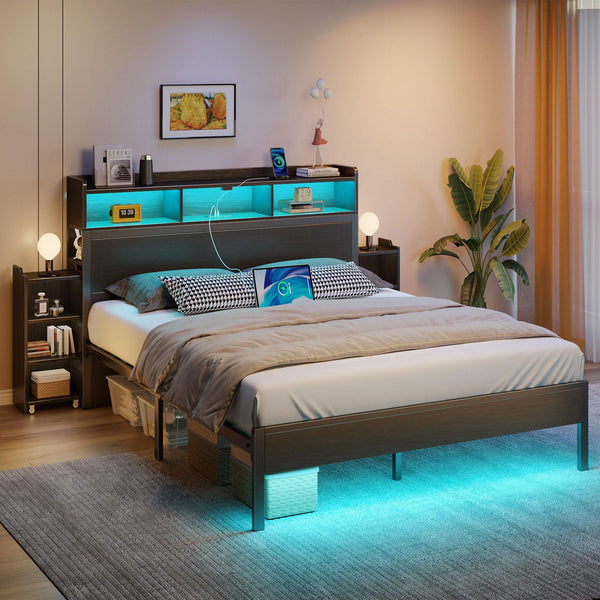 Metal Bed Frame with Storage Headboard, LED Lights & Charging Station