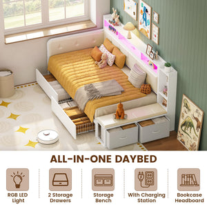 Twin Corner Daybed Frame with Storage Drawers, Charging Station & Bookcase Headboard