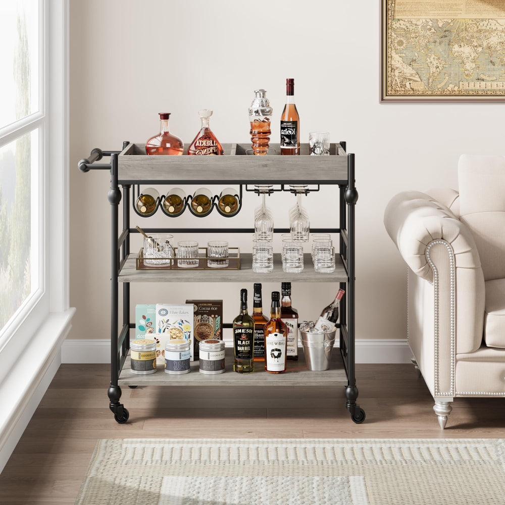 3-Tier Rolling Bar Cart with Wine Rack & Removable Tray