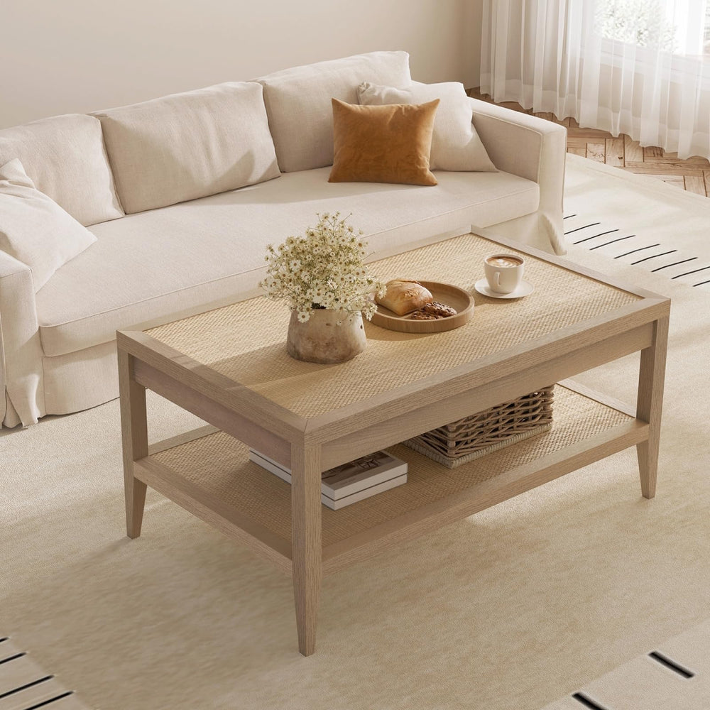 Rattan Coffee Table with 2-Tier Storage Shelf