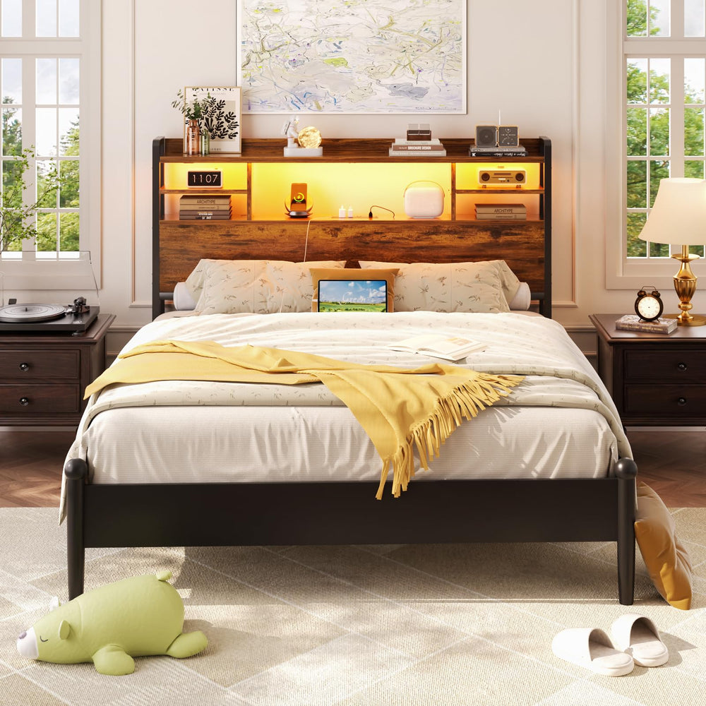 Storage Headboard with LED Light, Power Outlets & USB Ports