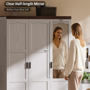 3-Door Wardrobe Closet with Mirror, Hanging Rods & Shelves – White
