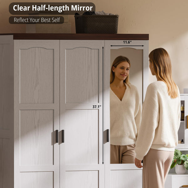 3-Door Wardrobe Closet with Mirror, Hanging Rods & Shelves – White
