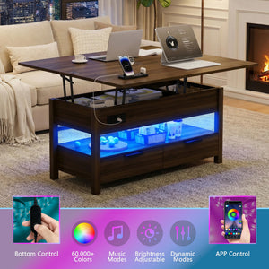 Lift Top Coffee Table with Power Outlets, LED Lights & Storage