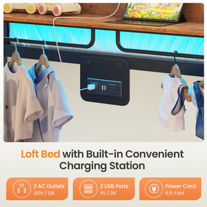 Metal Bunk Bed with Storage, LED Lights & Power Outlet