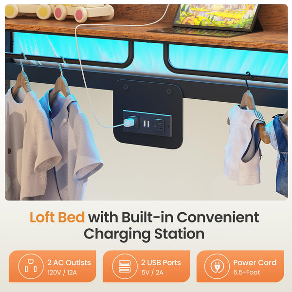 Metal Bunk Bed with Storage, LED Lights & Power Outlet