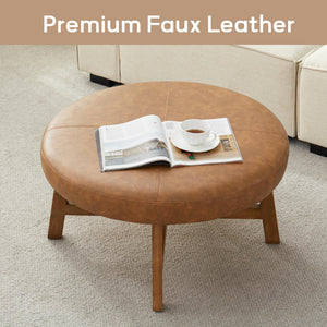 Round Upholstered Ottoman Coffee Table – Mid Century Modern, Leather Top