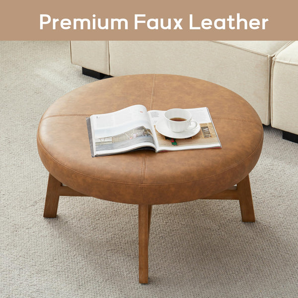 Round Upholstered Ottoman Coffee Table – Mid Century Modern, Leather Top