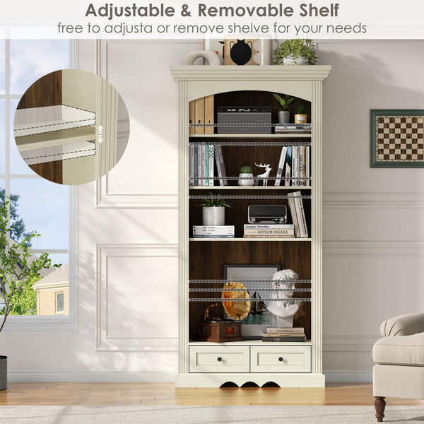 71" Arched Bookcase with Drawers & Adjustable Shelves