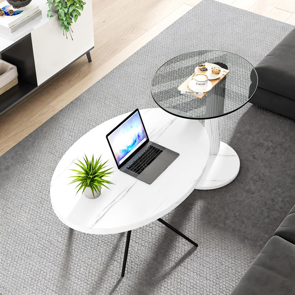 Oval Coffee Table Set of 2 - Faux Marble & Tempered Glass Top