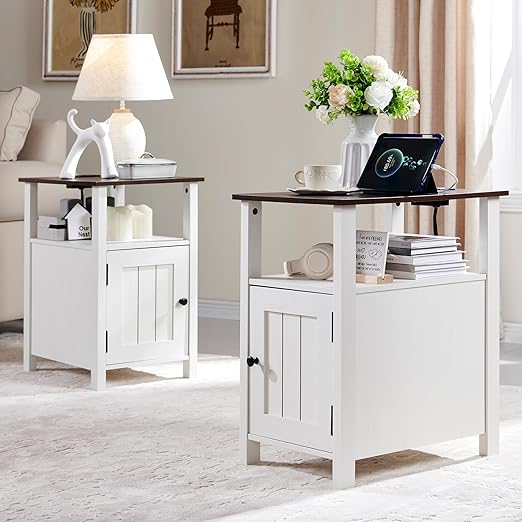 Farmhouse Nightstand Set of 2 with Charging Station