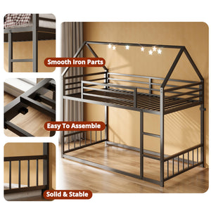 Twin Over Twin House Bunk Bed with Metal Frame, Ladder & Guardrail