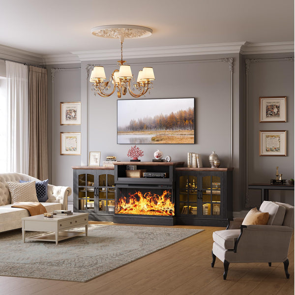97" Farmhouse Fireplace TV Stand with 3-Sided Electric Fireplace & Storage Cabinets