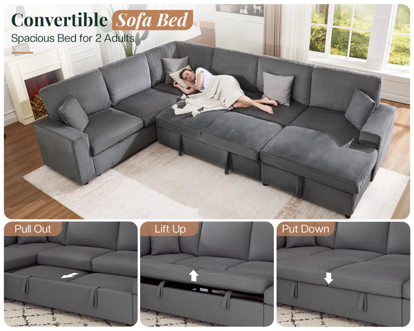 U-Shaped Sectional Sofa Bed with Storage, 6-Seater, 130"