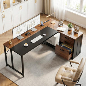 61" L-Shaped Office Desk with Drawers, File Cabinet & Power Outlets