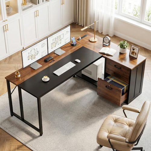 61" L-Shaped Office Desk with Drawers, File Cabinet & Power Outlets
