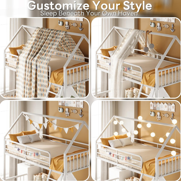 Twin Over Full House Bunk Bed – Metal Frame with Ladder & Guardrail