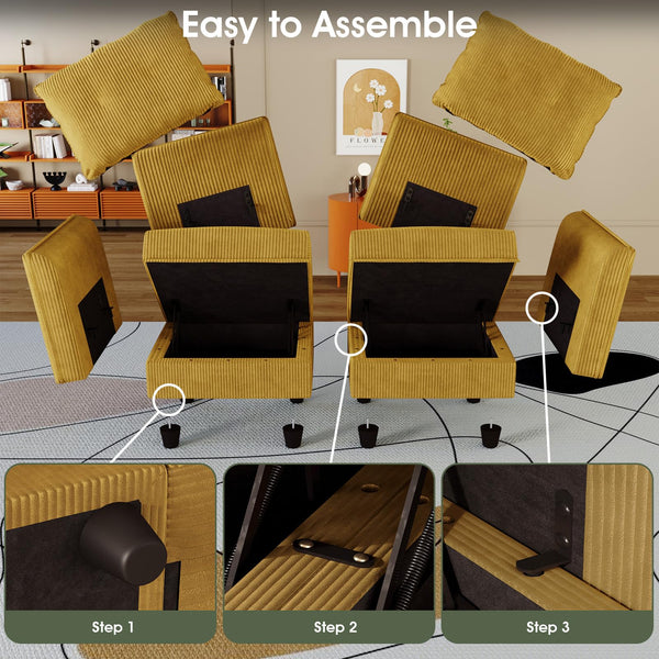 Plush Corduroy U-Shaped Modular Sectional Sofa with Storage