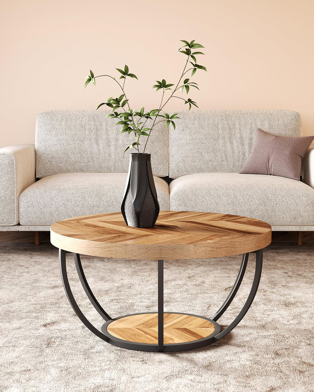 Round 2-Tier Coffee Table with Open Storage, 32 Inch