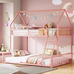 Twin Over Full House Bunk Bed with Ladder & Guardrail
