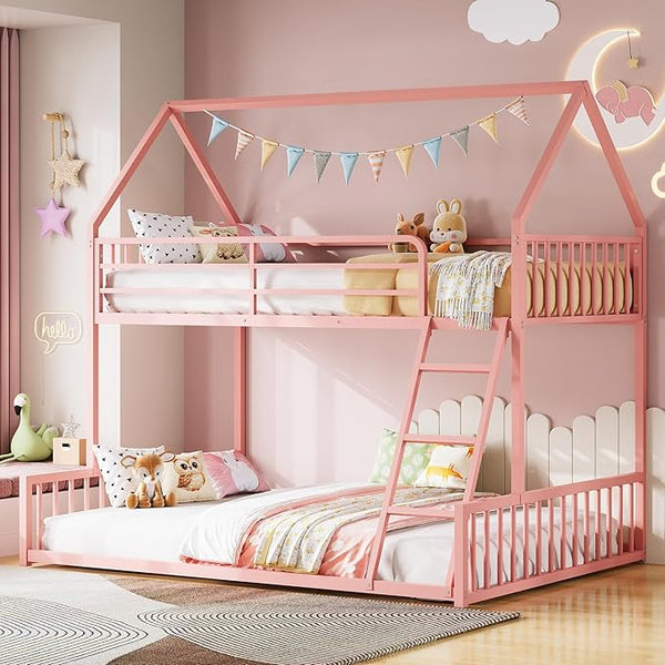 Twin Over Full House Bunk Bed with Ladder & Guardrail