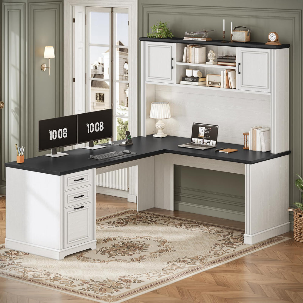 L-Shaped Desk with Hutch, Drawers & Power Outlet