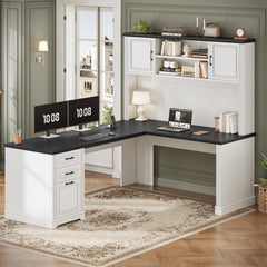 L-Shaped Desk with Hutch, Drawers & Power Outlet