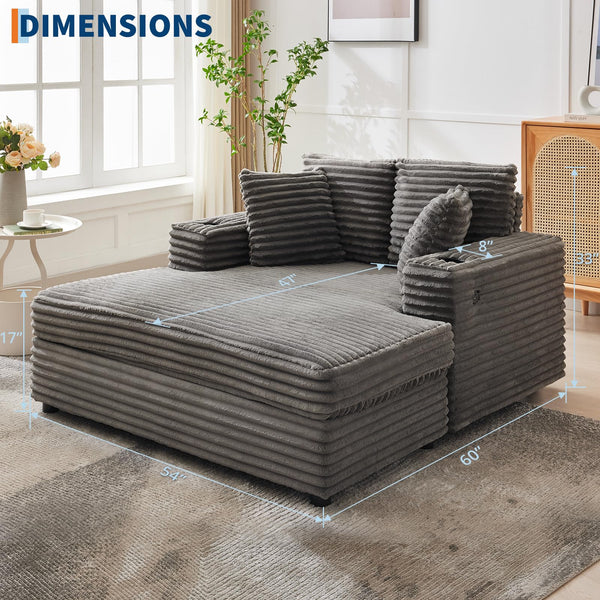 60-Inch Oversized Chaise Lounge Sofa with Charging Station & Cup Holders
