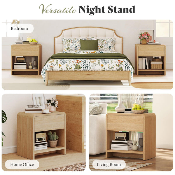 Nightstand Set of 2 with Drawer & Open Shelves – Curved Bedside End Table