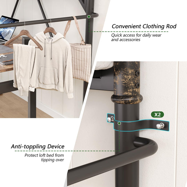 Twin Loft Bed with LED Lights & Charging Station
