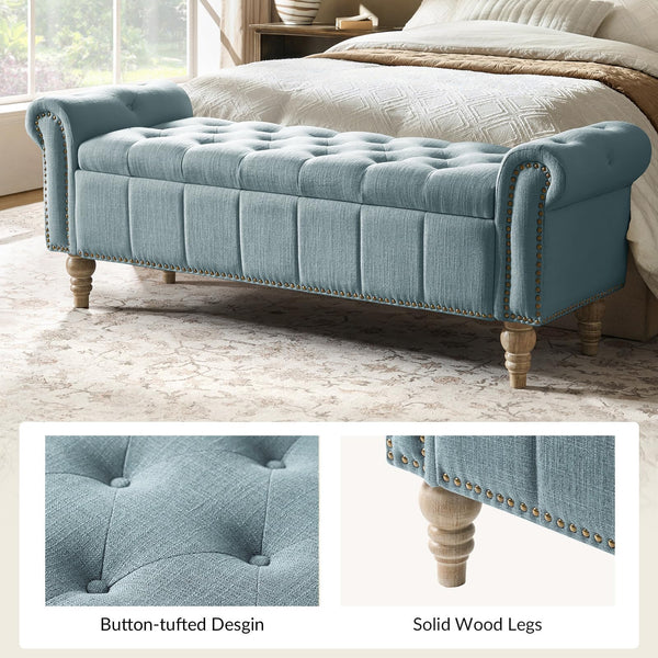 HULALA HOME Farmhouse Upholstered Storage Bench, End of Bed Bench with Vintage Button Tufted Design(Blue)