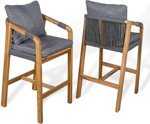 Acacia Wood Outdoor Bar Stools with Cushions & Armrests (Set of 2)
