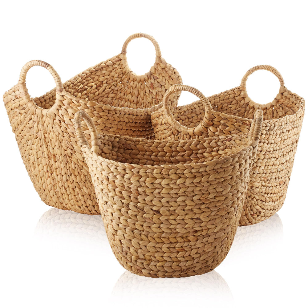 Set of 3 Woven Water Hyacinth Storage Baskets with Handles