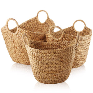 Set of 3 Woven Water Hyacinth Storage Baskets with Handles