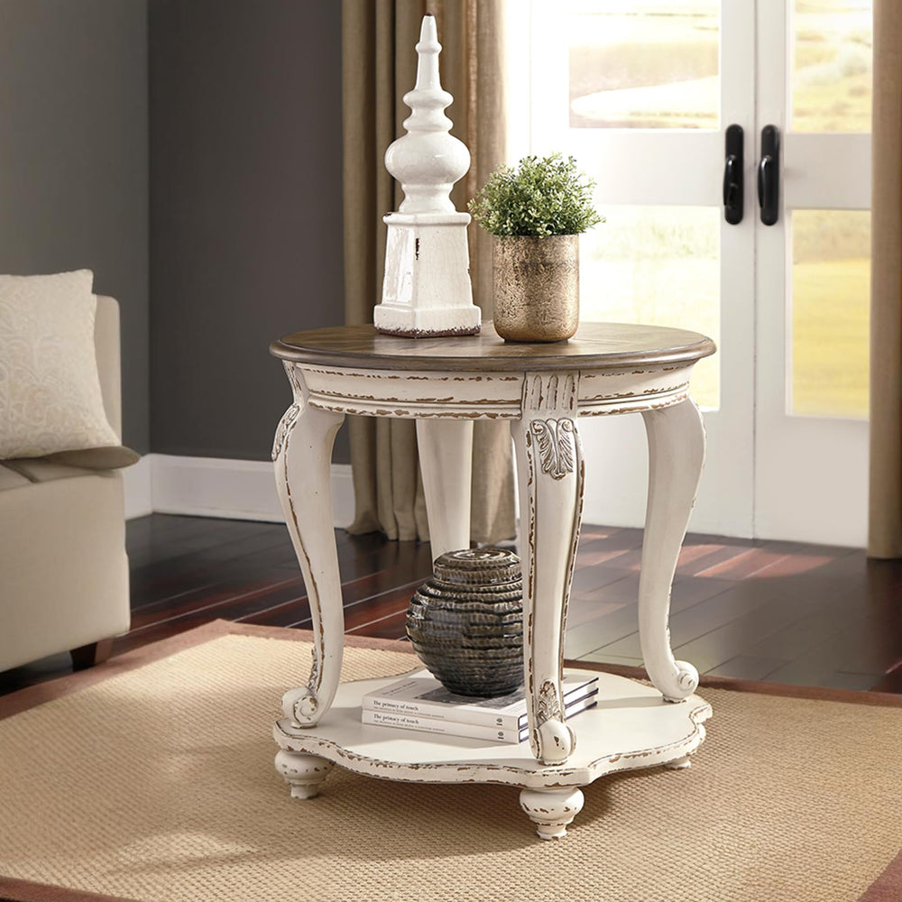Round End Table – Cottage Style Side Table with Lower Shelf