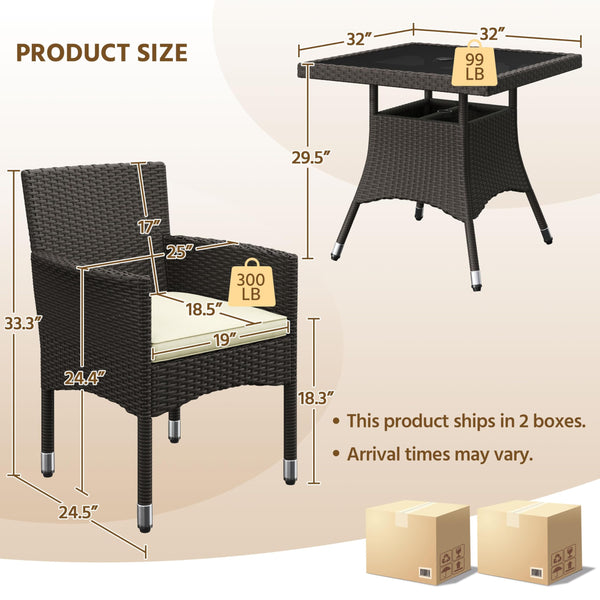 5-Piece Outdoor Rattan Dining Set with Tempered Glass Table