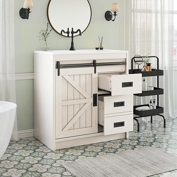 60" Farmhouse Bathroom Double Vanity with Integrated Sink & Sliding Barn Door