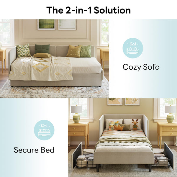 Twin Corner Daybed with Storage Drawers & Safety Rails